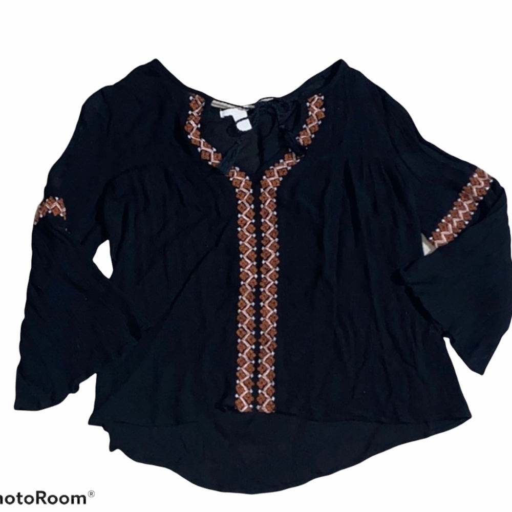 Forever 21 Black Boho Long Sleeve Tie Front Blouse sz M